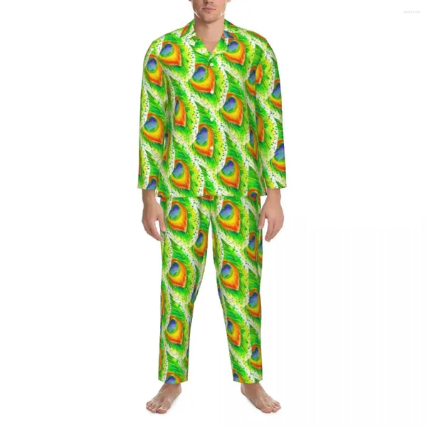 Vêtements de nuit pour hommes Paon Print Pyjama Set Automne Aquarelle Peinture Mignon Nuit Homme Deux Pièces Vintage Surdimensionné Personnalisé Vêtements De Nuit