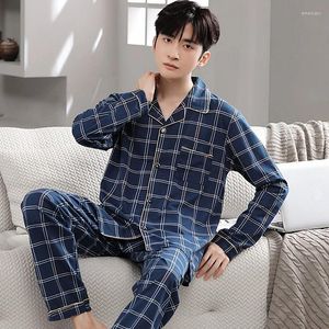 Vêtements de nuit pour hommes Plaid coton hommes à manches longues printemps cardigan vêtements de maison mâle coréen mode pijamas ensemble 2pcs pyjamas de nuit