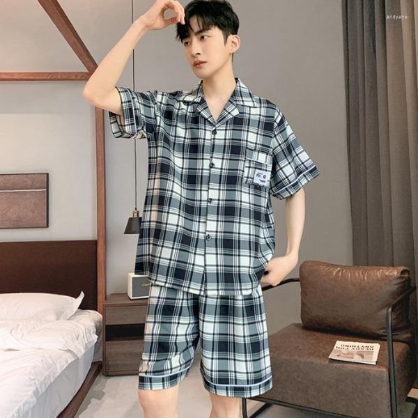Vêtements de nuit pour hommes Plaid Cotton Pijamas Set Summer Thin Respirant Homewear Homme Shorts Pyjama Homme Youth Boy Lounge