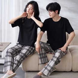 Vêtements de nuit pour hommes Plaid Couples coton été printemps maison vêtements pour hommes/femmes à manches courtes pantalons longs vêtements De nuit Conjuntos De Pijama