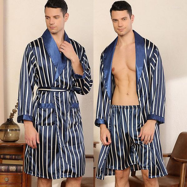 Vêtements de nuit pour hommes Plus Taille 4XL 5XL Hommes Kimono Robe de bain Robe Short Set Printemps Été Soie Satin Nightwear Bleu Marine Stripe Home Wear