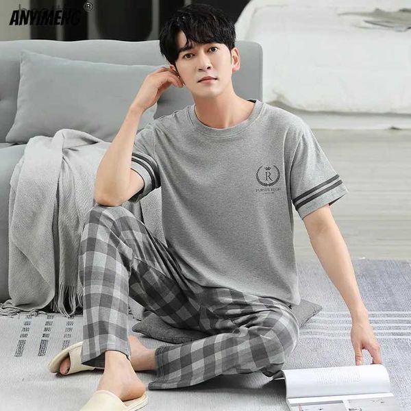 Ropa de dormir para hombres Tallas grandes L-5XL Ropa de dormir de algodón de verano para hombre Moda Ocio Niños Lougewear Moda Manga corta Pantalones completos Pijamas para hombre SetL231011