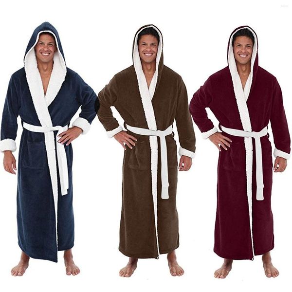 Ropa de dormir para hombres Albornoz de felpa para hombre Invierno Cálido Alargado Manga larga Ropa con capucha Vestido Color Sólido Salón Abrigo