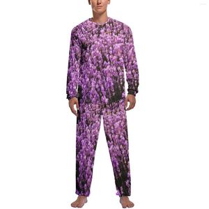 Vêtements de nuit pour hommes Joli pyjama de champ de lavande hommes violet imprimé floral beaux vêtements de nuit automne manches longues 2 pièces sommeil graphique pyjama ensembles