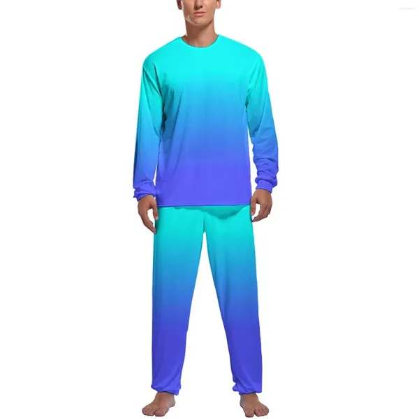 Vêtements de nuit pour hommes Pyjamas imprimés Hommes Néon Bleu Kawaii Vêtements de nuit Hiver Manches longues 2 pièces Ensembles de pyjama graphique à la maison