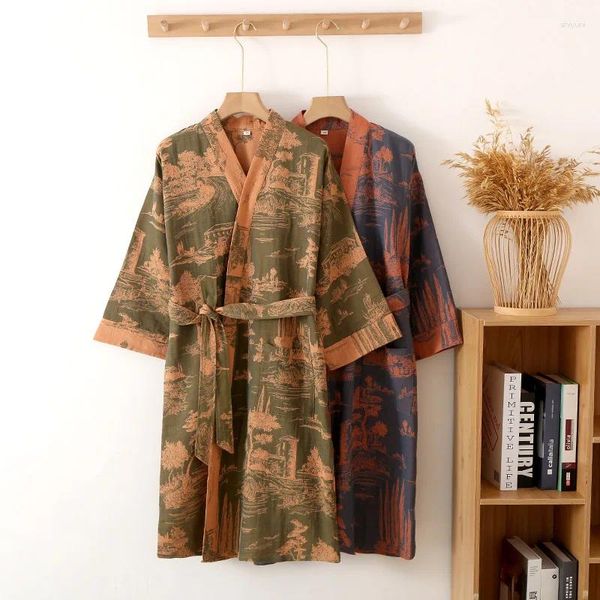 Ropa de dormir para hombre, bata de kimono floral de algodón puro, albornoz para hombre, bata de manga larga de otoño, ropa interior nocturna para hombre