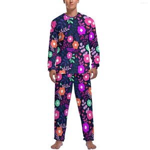 Vêtements de nuit pour hommes Violet Ditsy Floral Pyjamas Manches Longues Fleurs Imprimer 2 Pièces Chambre Pyjama Ensembles Automne Hommes Imprimé Cool Vêtements De Nuit