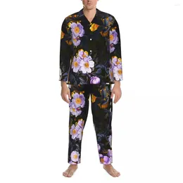 Vêtements de nuit pour hommes Pyjamas floraux violets Hommes Minuit Forêt Tendance Nuit Automne 2 Pièces Casual Lâche Surdimensionné Design Pyjama Ensemble