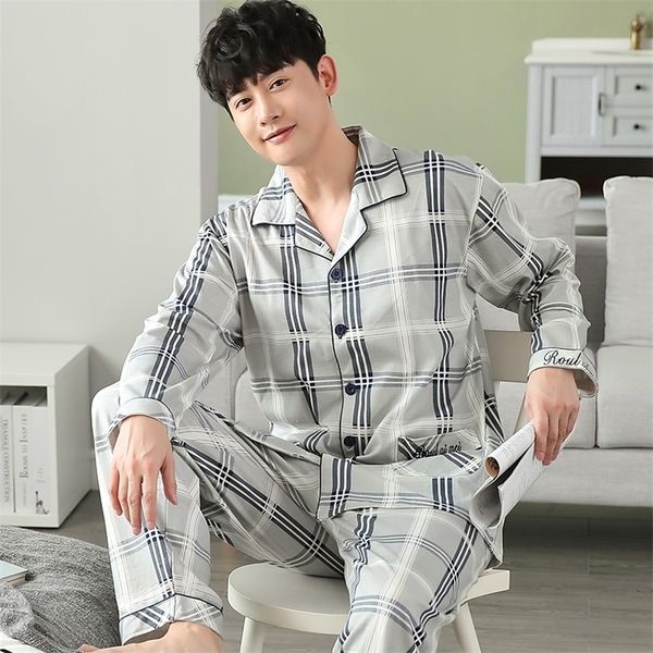 Pyjama de vêtements de nuit pour hommes ensemble complet coton printemps à manches longues imprimé pyjama costume automne vêtements de nuit col Pijama mâle deux pièces 4XL 220924