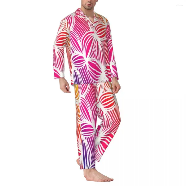 Ropa de dormir para hombre, conjunto de pijama Vintage de gran tamaño con estampado artístico de líneas de arcoíris, traje para casa personalizado de noche Kawaii de manga larga para hombre
