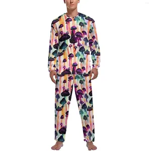 Vêtements de nuit pour hommes Pyjamas de champignons arc-en-ciel Printemps Imprimé coloré Vêtements de nuit pour hommes 2 pièces imprimés à manches longues Ensembles de pyjama doux