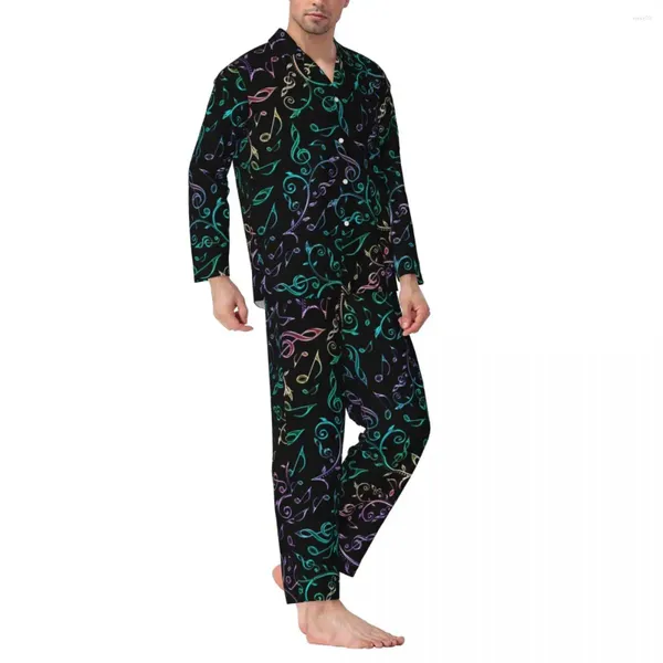 Vêtements de nuit pour hommes Rainbow Music Notes Automne Floral Print Casual Oversize Pyjama Set Hommes à manches longues Kawaii Sleep Graphic Nightwear