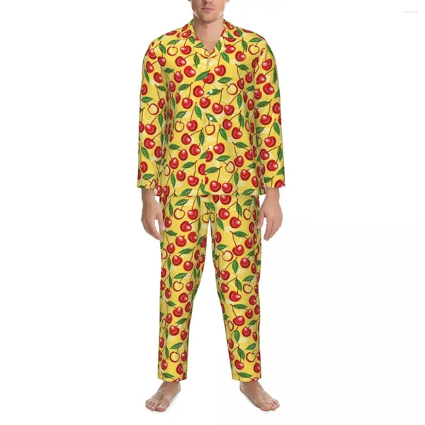 Vêtements de nuit pour hommes Cerises rouges Pyjama Ensemble Feuilles Imprimer Chaud Hommes À Manches Longues Lâche Sommeil 2 Pièces Vêtements De Nuit Grande Taille XL 2XL