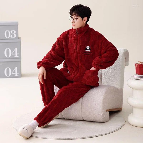 Vêtements de nuit pour hommes Couleur rouge Loungewear pour hommes mariés hiver chaud pyjamas ensemble coréen mode fermeture éclair vêtements de nuit mâle maison vêtements Pijama Hombre