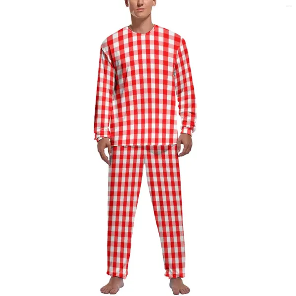 Vêtements de nuit pour hommes Pyjamas vichy rouge manches longues carreaux de Noël à carreaux 2 pièces Ensembles de pyjama esthétiques Automne Design masculin Kawaii Vêtements de nuit