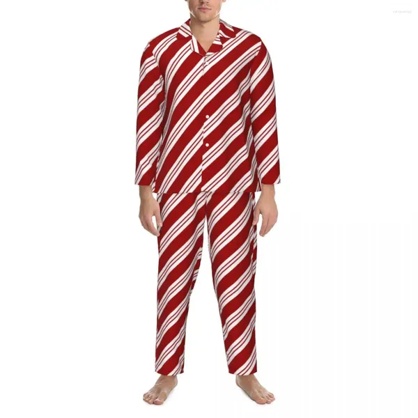 Vêtements de nuit pour hommes Red Line Pyjama Ensembles Automne Noël Candy Cane Stripes Chambre confortable Hommes 2 pièces Casual Oversize Nightwear