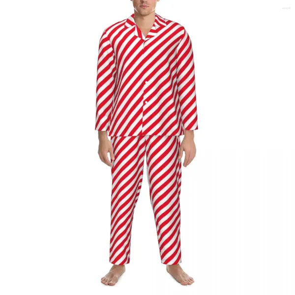 Vêtements de nuit pour hommes Red Line Print Pyjama Set Stripes Noël Confortable Hommes Manches longues Rétro Chambre 2 pièces Vêtements de nuit Plus Taille