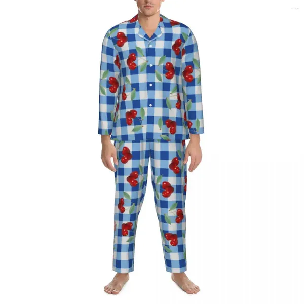 Vêtements de nuit pour hommes Retro Cherry Pyjamas Set Spring Blue Plaid Print Kawaii Daily Hommes 2 pièces Esthétique Surdimensionné Custom Home Costume Cadeau