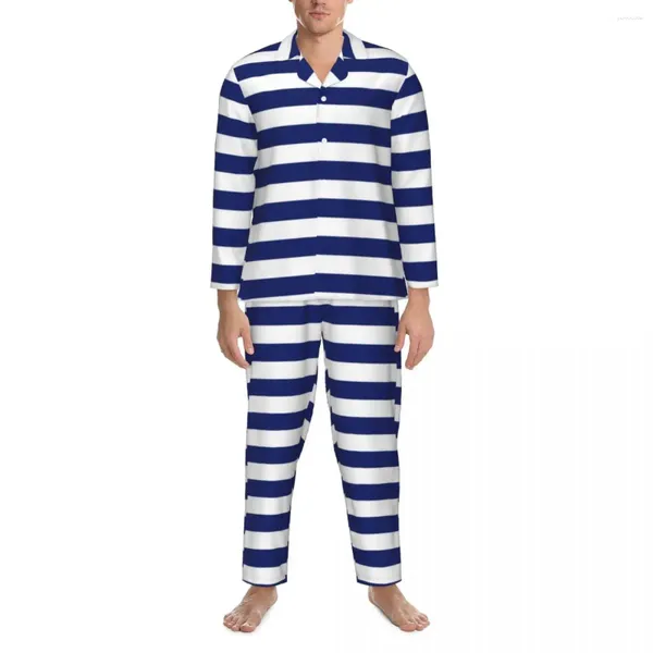 Ropa de dormir para hombres Conjunto de pijama náutico retro Otoño Azul marino y blanco Raya Ocio Hombre de dos piezas Vintage Traje de casa personalizado de gran tamaño