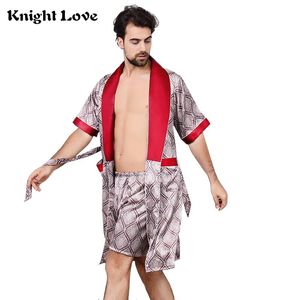 Vêtements de nuit pour hommes Robe peignoir soie chemise de nuit pyjamas Kimono maison Robe de bain été à manches courtes avec short 2 pièces imprimer grande taille
