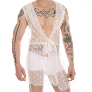 Mannen Nachtkleding Gewaden Polka Dot Lace Mesh Transparante Homewear Capuchon Mouwloos Vest Badjas Sexy Nachtjapon Mannen Gay Korte badjas