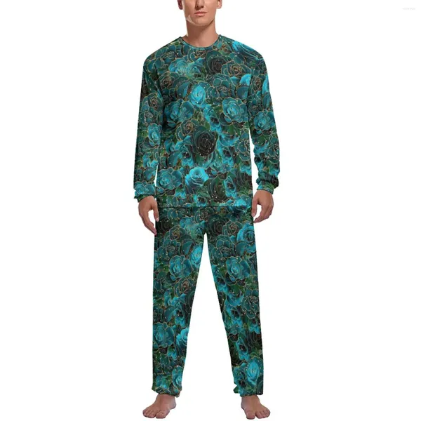 Ropa de dormir para hombre, pijamas florales rosas, manga larga, flor dorada con brillo, conjuntos de pijama para el hogar de 2 piezas, traje bonito estampado para hombre de primavera