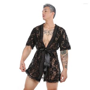 Vêtements de nuit pour hommes S-2XL Hommes Dentelle S-à travers Floral Lâche T-Back Ceinture Longue Chemise de Nuit Slpwear Lisse Confortable Court Slve Peignoir