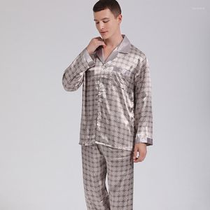 Ropa de dormir para hombres Conjunto de pijamas con estampado satinado para hombres Primavera Otoño 2 piezas Camisa de manga larga Pantalones Pantalones masculinos Traje Sedoso Ropa para dormir en casa