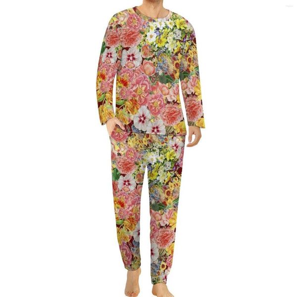Vêtements de nuit pour hommes Sevilla Floral Pyjamas Botanical Flowers Print Men Long-Sleeve Elegant Set 2 Pieces Aesthetic Home Suit Birthday Gift
