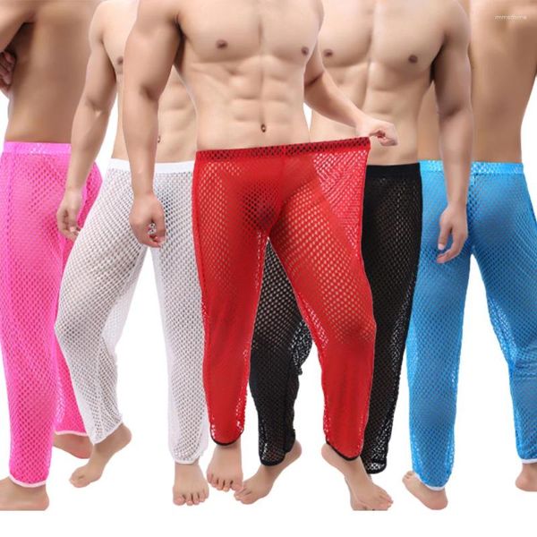 Ropa de dormir para hombre, pijamas transparentes calados sexis, pantalones largos transparentes de malla, pantalones de rejilla, pantalones para dormir, mallas, ropa interior