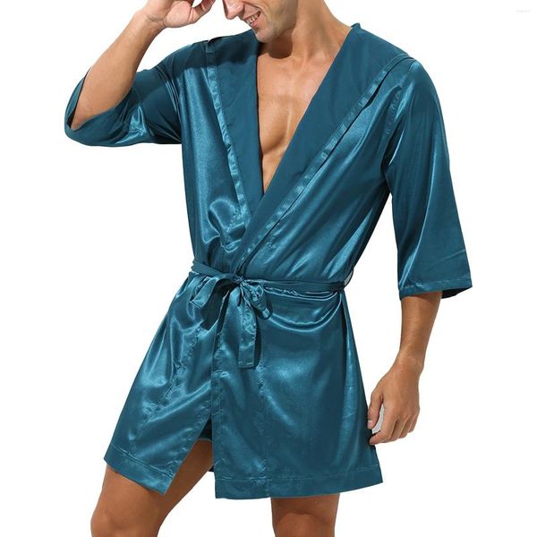 Vêtements de nuit pour hommes Sexy Mens Solid Color Set Demi-manche à capuche ouverte avant ceinturée peignoir avec short pour dormir vêtements de nuit loungewear