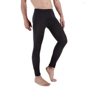 Vêtements de nuit pour hommes Sexy pénis poche caleçons hommes ultra-mince glace soie Legging sous-vêtements voir à travers les fonds de sommeil hommes longs Johns