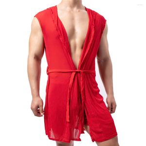 Mannen Nachtkleding Sexy Mouwloze Pyjama Mesh Glitter Sheer Capuchon Badjassen Mannelijke Gewaden Homewear Lounge Nachthemden Met Riem