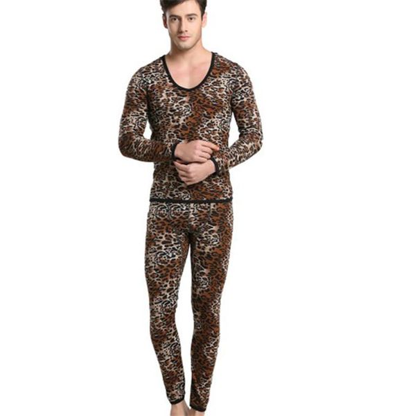 Vêtements de nuit pour hommes Shino coton hommes ensemble thermique sous-vêtements sauvage imprimé léopard costume garder au chaud longs Johns pantalon chemise hiver M-XL