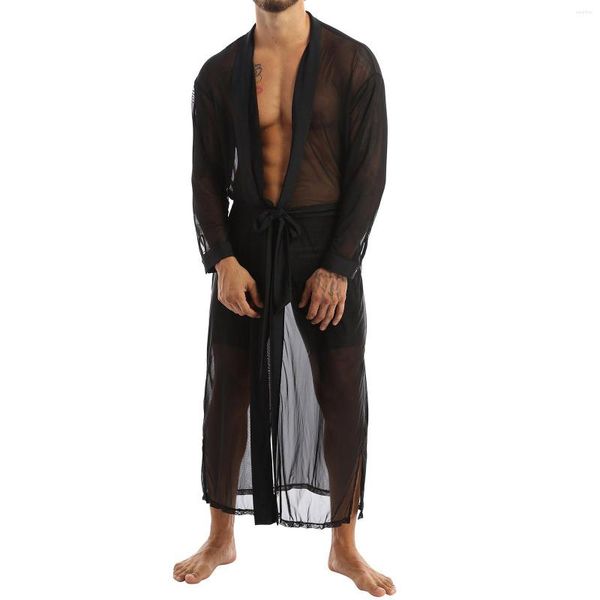 Ropa de dormir para hombre, albornoz, bata de manga de baño Gay, camisón Sexy de malla larga para hombre, batas Cuecas, ropa de casa, cárdigan, vestido transparente