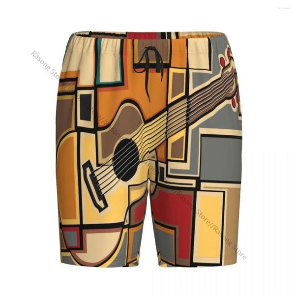 Vêtements de sommeil pour hommes courts pantalons de pyjamas pour dormir funky fractal carré géométrique en forme de guitare acoustique bouton lâche