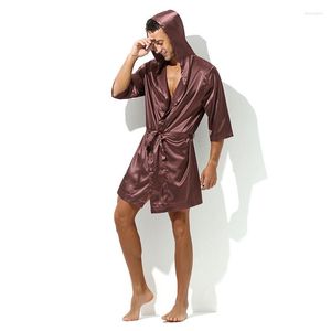 Vêtements de nuit pour hommes, manches courtes, pyjama, peignoir à capuche, peignoir d'été en satin de soie, chemise de nuit, kimono, ample et sexy