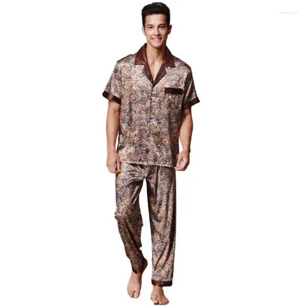 Ropa de dormir para hombre, conjunto de pijamas de seda, ropa de dormir para hombre, ropa de dormir de verano de manga corta con cuello en V, estampado satinado, ropa de casa para hombre