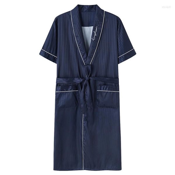 Ropa de dormir para hombre, bata de satén de seda para hombre, bata de baño de manga corta a rayas, Kimono Sexy con cuello en V, bata de baño de noche a la moda para hombre