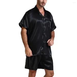 Pyjama transparent en Satin de soie pour hommes, ensemble pyjama à manches courtes, chemise à boutons, Short, tenue Simple, vêtements de nuit