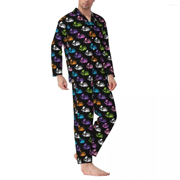 Ropa de dormir para hombres Conjuntos de pijamas de conejos esqueléticos Estampado colorido Kawaii Hombres Manga larga Casual Ocio Ropa de dormir de dos piezas Tallas grandes 2XL