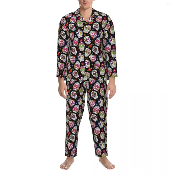 Ropa de dormir para hombre, conjunto de pijama informal de gran tamaño con diseño de calaveras de azúcar y otoño, ropa de dormir romántica de manga larga con diseño de dormitorio