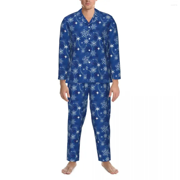 Vêtements de nuit pour hommes Pyjamas scintillants en flocon de neige pour hommes Bleu et blanc Vêtements de nuit à la mode Printemps Deux pièces Ensembles de pyjama graphiques surdimensionnés décontractés