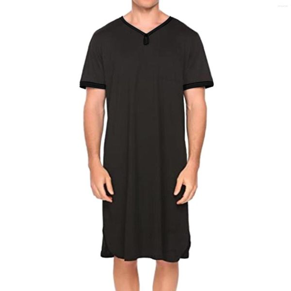 Ropa de dormir para hombre, bata de Color sólido, camisón suelto de manga corta, camiseta larga extendida, ropa de dormir con cuello en V, pijamas, ropa de verano