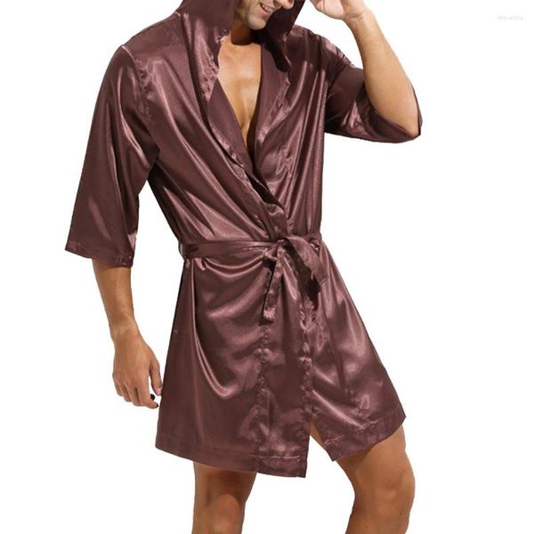 Vêtements de nuit pour hommes Couleur unie Satin Soie Peignoir Section mince Sexy Simple Chemise de nuit à capuche Lâche Grande taille À lacets Vêtements de nuit Sous-vêtements