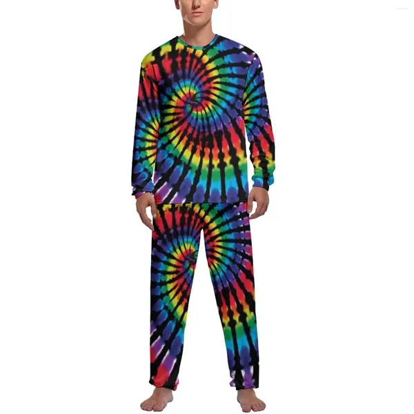 Pyjama de printemps pour hommes, vêtements de nuit, teinture par nouage en spirale, arc-en-ciel, costume de maison, imprimé à manches longues, ensembles de pyjama Kawaii, 2 pièces