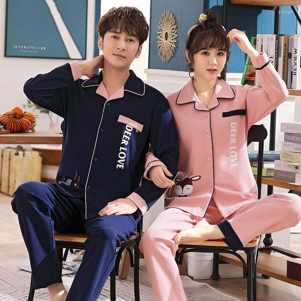 Vêtements de nuit pour hommes printemps et femmes coton rose Couples fille mince hommes pyjama à manches longues costume