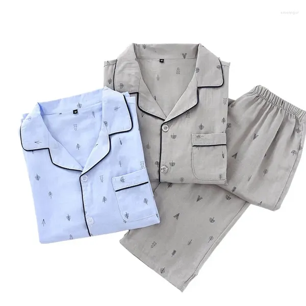 Vêtements de nuit pour hommes printemps et été pyjamas ensemble couleur unie Style simple Sapling imprimé col rabattu hommes lâche Homewar