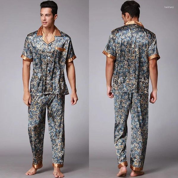 Ropa de dormir para hombres Primavera Verano Hombres Pijamas Sey Plus Tamaño Pantalón Pijamas Traje Suelto Casual Estampado Seda Satén Ropa para el hogar Ropa de salón