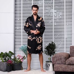Nachtkleding voor heren Lente V-hals Drakenprint Kimono Yukata Zijde Rayon Robe Vest Casual Bruiloft Beste man Nachtkleding Badjas Grote maten 5XL T221103